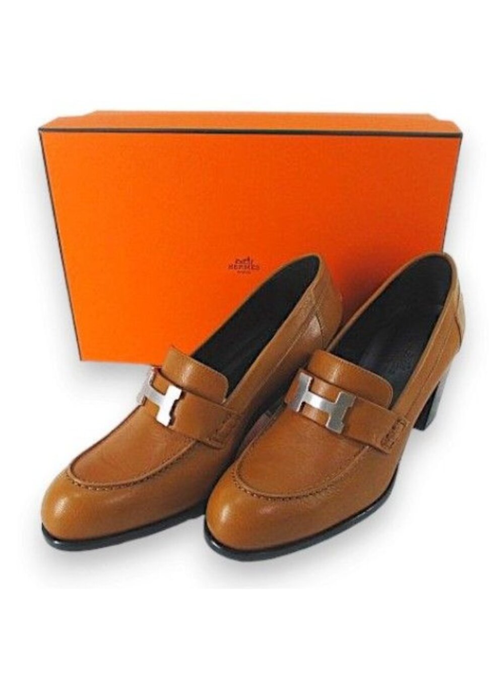 Hermes Constance Loafers Heels H Silver Camel Leather